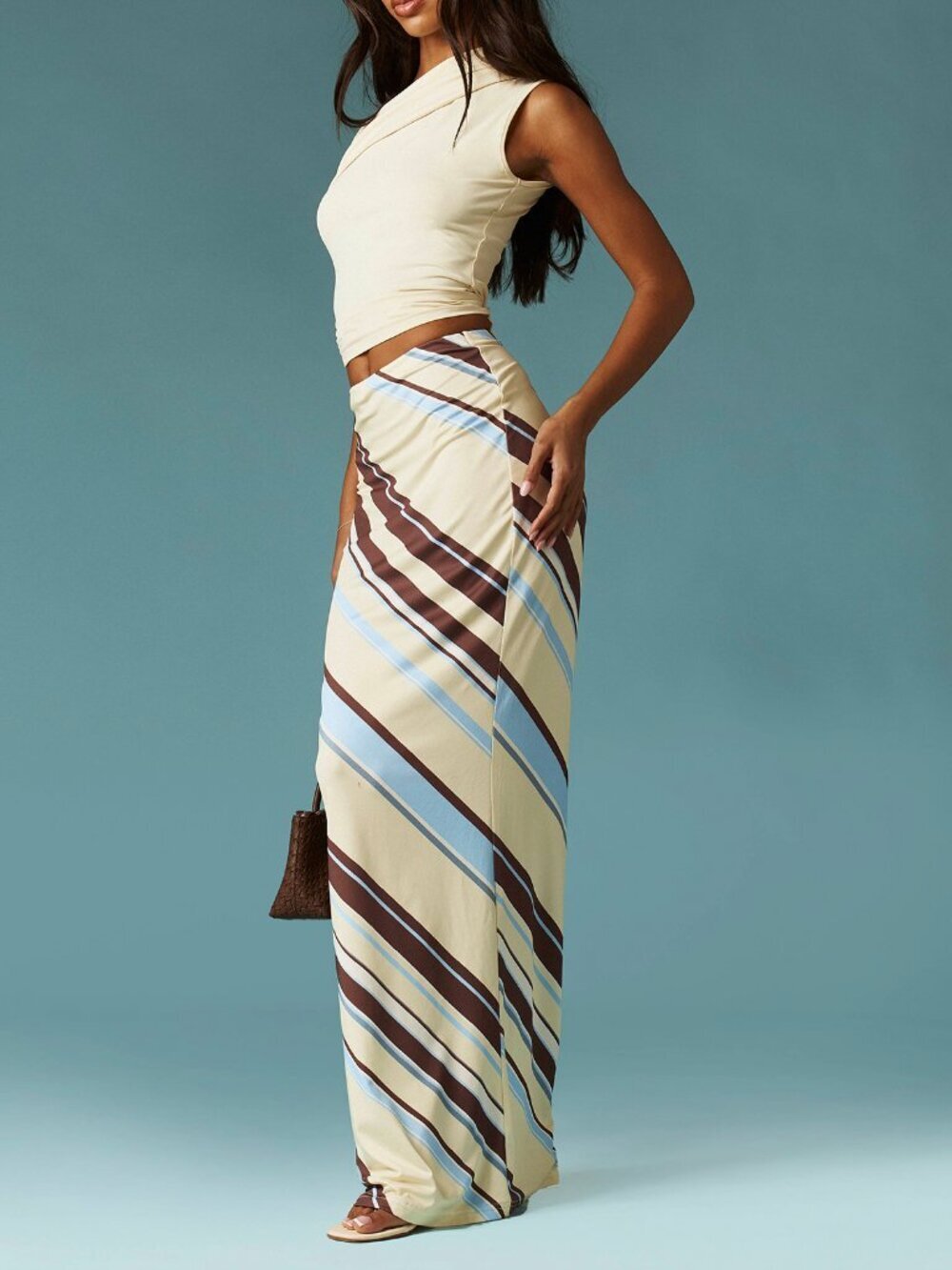 Multicolor Boho Women's Diagonal Stripe High Waist Bodycon Maxi Skirt - Picture 4 of 6
